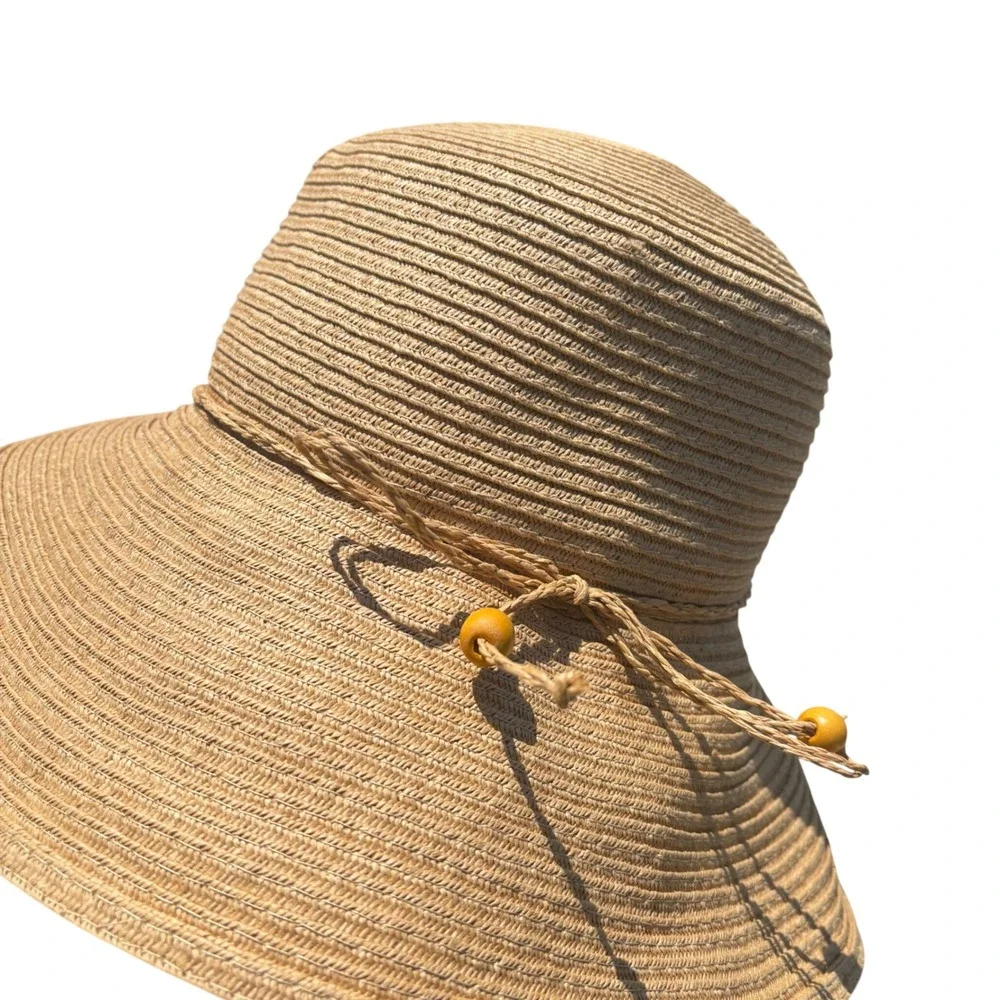 August Hat Co Tan Straw Sun Hat Wide Brim Beaded Cord Summer Beach One Size